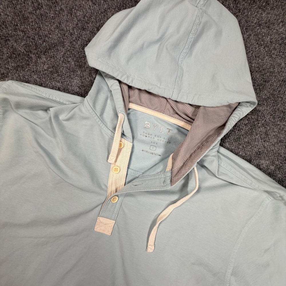 BYLT Drop Cut LS Hooded Henley Lux Mens Large Light Blue Activewear 0972